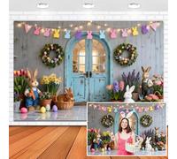 Leowefowa Easter Blue Barn Door Backdrop 10x8ft Vinyl Wooden Wall Colorful Eggs Floral Bunny Flag Green Wreath Background Easter Spring Holiday Party Decorations Banner Photo Booth Props