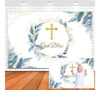 Leowefowa God Bless Backdrop 10x8ft Vinyl Golden Glitter Cross Blue Gold Eucalyptus Leaf Background First Holy Communion Baptism Christening Party Decoration Easter Banner Photo Booth Props