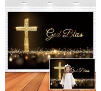 Leowefowa Gold Cross God Bless Backdrop 10x8ft Vinyl Golden Gliitter God Bless Baptism Jesus Easter Photography Background First Holy Communion Festival Party Church Events Decor Photo Props