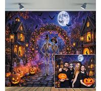 Leowefowa Halloween Skeleton Backdrop 10x8ft, Spooky Town Jack-o'-Lantern Moon Photography Background, Till Death to Us Banner for Halloween Party Cosplay Anniversary & Couple Photoshoot