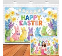 Leowefowa Happy Easter Banner Backdrop 10x8ft Vinyl Spring Cute Rabbit Colorful Bunny Flag Eggs Grass Meadow Easter Photoshoot Background Kids Birthday Party Decorations Banner Photo Props
