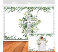 Leowefowa He is Risen Easter Backdrop 10x8ft Vinyl Jesus Christ Cross Green Leaves Background Religious Christian Cross Spring Easter Church Event Decorations Photography Props