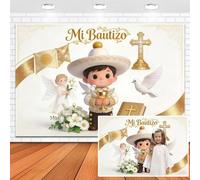 Leowefowa Mi Bautizo Backdrop 10x8ft Vinyl Golden Baptism First Holy Communion Party Background for Boy White Floral Pigeon Bible Cross Christening Newborn Baby Shower Banner Photo Booth Props