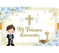 Leowefowa Mi Bautizo Backdrop for Boy 10x8ft Vinyl Baptism Christening Party Decor Supplies Blue Floral Golden Cross Photo Background First Holy Communion Pigeon God Bless Banner Booth Props