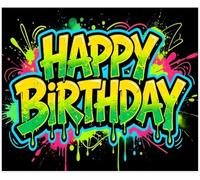 Leowefowa Neon Glow Graffiti Happy Birthday Backdrop Banner 10x8ft, Blacklight Reactive Drip Hip Hop Party Urban Street Art Photography Background for Boys Teens, Birthday Decorations Photo Booth
