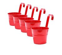 Leoyoubei Vintage Hanging Cup Holders with Removable Hooks -5 Pack Metal Iron Buckets Hanging Flower Pots Wall Fence Hanging Planter-Storage Box, Drainage Holes -5''Diameter Vase (Red)