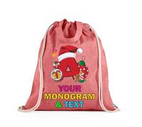 lepni.me Custom Christmas Monogram Drawstring Bag - Personalized Holiday Alphabet Backpack Bag with Letter | Reusable Unisex Christmas Shopper (Drawstring/Tote Bag Red Multi Color)