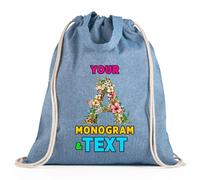 lepni.me Custom Floral Monogram Drawstring Bag | Personalized Initial Design with Optional Name or Word | Bag for School, Gym, Travel & Everyday Use (Drawstring/Tote Bag Blue Multi Color)
