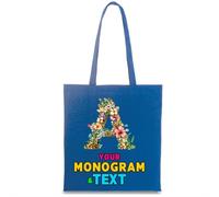 lepni.me Custom Floral Monogram Tote Bag | Personalized Initial Design with Optional Name or Word | Bag for School, Gym, Travel & Everyday Use (M Royal-Blue Multi Color)