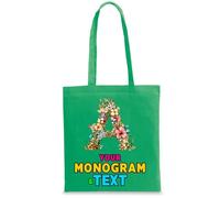 lepni.me Custom Floral Monogram Tote Bag | Personalized Initial Design with Optional Name or Word | Bag for School, Gym, Travel & Everyday Use (M Green Multi Color)