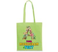 lepni.me Custom Floral Monogram Tote Bag | Personalized Initial Design with Optional Name or Word | Bag for School, Gym, Travel & Everyday Use (M Light Green Multi Color)