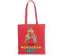 lepni.me Custom Floral Monogram Tote Bag | Personalized Initial Design with Optional Name or Word | Bag for School, Gym, Travel & Everyday Use (M Red Multi Color)