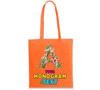 lepni.me Custom Floral Monogram Tote Bag | Personalized Initial Design with Optional Name or Word | Bag for School, Gym, Travel & Everyday Use (M Orange Multi Color)