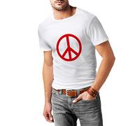 lepni.me Mens T-Shirt Peace Love Hippie Sign 60s 70s Style, Hippy Symbol (L White Red)