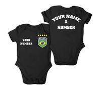 lepni.me Personalised Football Baby Bodysuit Brazil with Your Name and Number for Boy Girl Newborn | Brazilian Flag Badge | Championship (0-3 Months Black Multi Color)