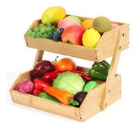 LepoHome 2 Tier Bamboo Fruit Basket, Large Bamboo Fruit Bowl Holder Stand for Kitchen Counter Organizer Vegetable Bread Snack, 15 mm Thickness, Fruits Shop (Self-assembly)