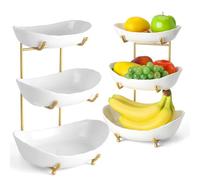 LepoHome 3 Tier Ceramic Fruit Bowl Basket for Kitchen Counter, Fruit Serving Bowls with Metal Stand, Tiered Fruit Basket for Fruit Vegetable Storage, Snack, Nuts, Cake, Dessert - Gold