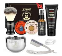 LEPONIX Men's Traditional Shaving Kit Gift Set with Aftershave Balm | Includes Sandalwood Shaving Cream, 2-Pack Aftershave Balm, Pre-Shave Oil, Brush & Bowl | Grooming Shaving Gift Set for Dad
