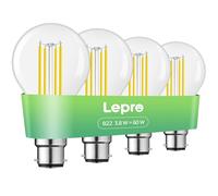 Lepro B22 Bayonet Light Bulb, A-Rated Ultra-efficient LED Bulb, 3.8W = 60W, 806lm, 2700K Warm White, 50000H Lifespan, Clear Filament, Vintage Glass, Non-dimmable, Pack of 4