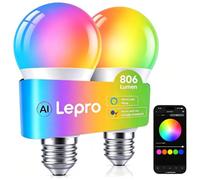 Lepro E27 Smart Bulbs, 806lm 8.5W, RGB Colour Changing, AI Lighting, 2 Pack | 60W Equiv, 2700K-5700K Tunable, 1-100% Dimmable, WiFi & Bluetooth, Music Sync, Smart Timer, Alexa & Google Home Compatible
