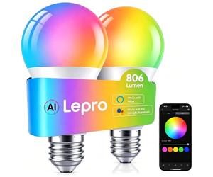 Lepro E27 Smart Bulbs, 806lm 8.5W, RGB Colour Changing, AI Lighting, 2 Pack | 60W Equiv, 2700K-5700K Tunable, 1-100% Dimmable, WiFi & Bluetooth, Music Sync, Smart Timer, Alexa & Google Home Compatible