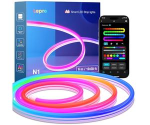 Lepro N1 AI Smart Neon Rope Light 6M RGB+IC, Spotless, IP65 Neon Lightstrip | Music Sync, Segmented DIY, App & Voice Control, Works with Alexa & Google Home, Controller & Power Plug Indoor Use Only