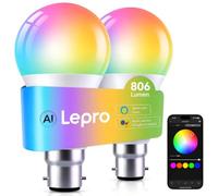 Lepro Smart B22 LED Bulb, 806lm 8.5W, RGB+Tunable White, AI Lighting, 2pcs | 60W Equivalent, WiFi & Bluetooth, No Hub Required, Music Sync, Smart Timer, 1%-100% Dimming, Alexa & Google Home Compatible