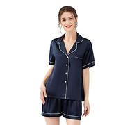 LEPTON 100% Mulberry Silk Pajama Set (Navy Blue, L)