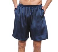 LEPTON 100% Mulberry Silk Shorts for Men, Relaxed Fitness Wear, Front Pockets, Elastic Waist (Navy Blue, M)