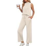 Lepunuo Two Piece Sets for Women Summer Mock Neck Sleeveless Top Wide Leg Pants Lounge Sets Vacation Travel Outfits, A- Apricot, Medium