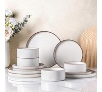 LeRatio Dinner Set for 4, 12 Piece Stoneware Plates and Bowls Set, Chip and Scratch Resistant Dinnerware Set, Oven & Dishwasher & Microwave Safe Crockery Set (Pearl White-Brown Rim, Service for 4)