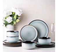 LeRatio Dinner Set for 4, 12 Piece Stoneware Plates and Bowls Set, Chip & Scratch Resistant Reactive Glazed Dinnerware Set, Dishwasher & Microwave Safe Crockery Set (Ocean Blue, Service for 4)