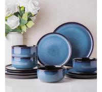 LeRatio Dinner Set for 4, 12 Piece Stoneware Plates and Bowls Set, Chip & Scratch Resistant Reactive Glazed Dinnerware Set, Dishwasher & Microwave Safe Crockery Set (Space Blue, Service for 4)