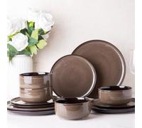 LeRatio Dinner Set for 4, 12 Pieces Stoneware Plates and Bowls Set, Chip & Scratch Resistant Reactive Glazed Dinnerware Set, Dishwasher & Microwave Safe Crockery Set, Chocolate Malt