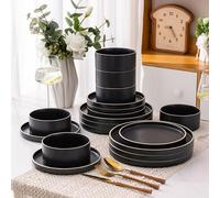 LeRatio Dinner Set for 6, 18 Piece Stoneware Plates and Bowls Set, Chip and Scratch Resistant Dinnerware Set, Oven & Dishwasher & Microwave Safe Crockery Set (Speckle Black-White Rim, Service for 6)