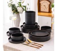 LeRatio Dinner Set for 6, 18 Piece Stoneware Plates and Bowls Set, Chip and Scratch Resistant Dinnerware Set, Oven & Dishwasher & Microwave Safe Crockery Set (Speckle Black-Brown Rim, Service for 6)