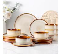 LeRatio Dinner Set for 6, 18 Piece Stoneware Plates and Bowls Set, Chip & Scratch Resistant Reactive Glazed Dinnerware Set, Dishwasher & Microwave Safe Crockery Set (Cappuccino, Service for 6)