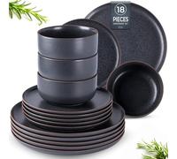 LeRatio Dinner Set for 6, 18 Piece Stoneware Plates and Bowls Set, Scratch Resistant Reactive Glaze Dinnerware Set, Oven & Dishwasher & Microwave Safe Crockery Set, Speckle Black-Brown Rim
