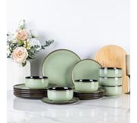 LeRatio Dinner Set for 6, 18 Pieces Stoneware Plates and Bowls Set, Chip & Scratch Resistant Reactive Glazed Dinnerware Set, Dishwasher & Microwave Safe Crockery Set, Grass Green