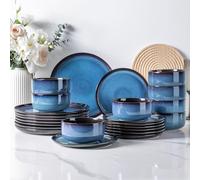 LeRatio Dinner Set for 8, 24 Piece Stoneware Plates and Bowls Set, Chip & Scratch Resistant Reactive Glazed Dinnerware Set, Dishwasher & Microwave Safe Crockery Set, Space Blue