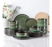 LeRatio Dinner Set for 8, 24 Piece Stoneware Plates and Bowls Set, Chip & Scratch Resistant Reactive Glazed Dinnerware Set, Dishwasher & Microwave Safe Crockery Set, Jade Green