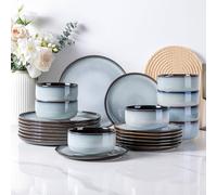 LeRatio Dinner Set for 8, 24 Piece Stoneware Plates and Bowls Set, Chip & Scratch Resistant Reactive Glazed Dinnerware Set, Dishwasher & Microwave Safe Crockery Set, Ocean Blue