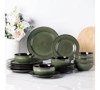 LeRatio Dinner Sets for 6 People, 18 Pieces Handcrafted Embossed Stoneware Plates and Bowls Set, Scratch Resistant Reactive Glaze Dinnerware Set, Dishwasher, Microwave Safe Crockery Set, Jade Green