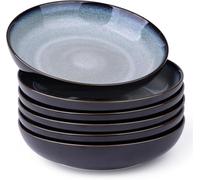 LeRatio Large Pasta Bowls 22cm, Stoneware Deep Plates Set of 6, Scratch Resistant Serving Bowl, Modern Soup Noodle Bowls, Microwave and Dishwasher Safe, Ocean Blue