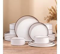 LERATIO Stoneware Dinnerware Sets for 6,18-Piece Matte Plates and Bowls Set | Handmade High Edge Rim Dish Set,Oven & Microwave,Dishwasher Safe,Scratch Resistant-Vanilla White