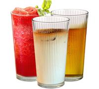 Le'raze Drinking Glasses - Set of 10-16oz. Ribbed Glass Sake Cups - Dishwasher Safe Cocktail Clear Heavy Base Tall Beer Glasses, Water Glasses, Bar Glass, Wine, Juice, Iced Tea