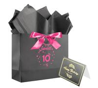 LERCTH Happy Birthday Black Paper Tote Gift Bag Personalized Present Bags with Tissue Paper and Card, Suitable for Birthdays Great Gifts for Women, Mom, Teachers, Friends (10th Birthday Bag)