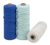 LEREATI Macrame Cord 3mm Set, 150m Thick Cotton Rope Yarn, 4 Strand Twisted Soft String for Crafts, Plant Hanger, Wall Hanging, DIY, Home Decoration (3 Color I), I) Navy Blue, Light Blue, Natural