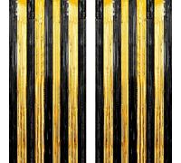Lericttor 2Pcs 3.2ft x 8.2ft Foil Curtain Decoration, Black Gold Metallic Tinsel Foil Fringe Curtains Streamers for Halloween, Graduation, Doorways, Black Themes Party, Birthdays Party Decorations