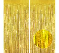 Lericttor 2Pcs 3.3ft x 8.2ft Tinsel Curtains Gold Glitter Foil Fringe Curtain Backdrop Streamers, Metallic Tinsel Foil Curtains Background Streamers for Wedding Baby Shower Birthday Party Decorations